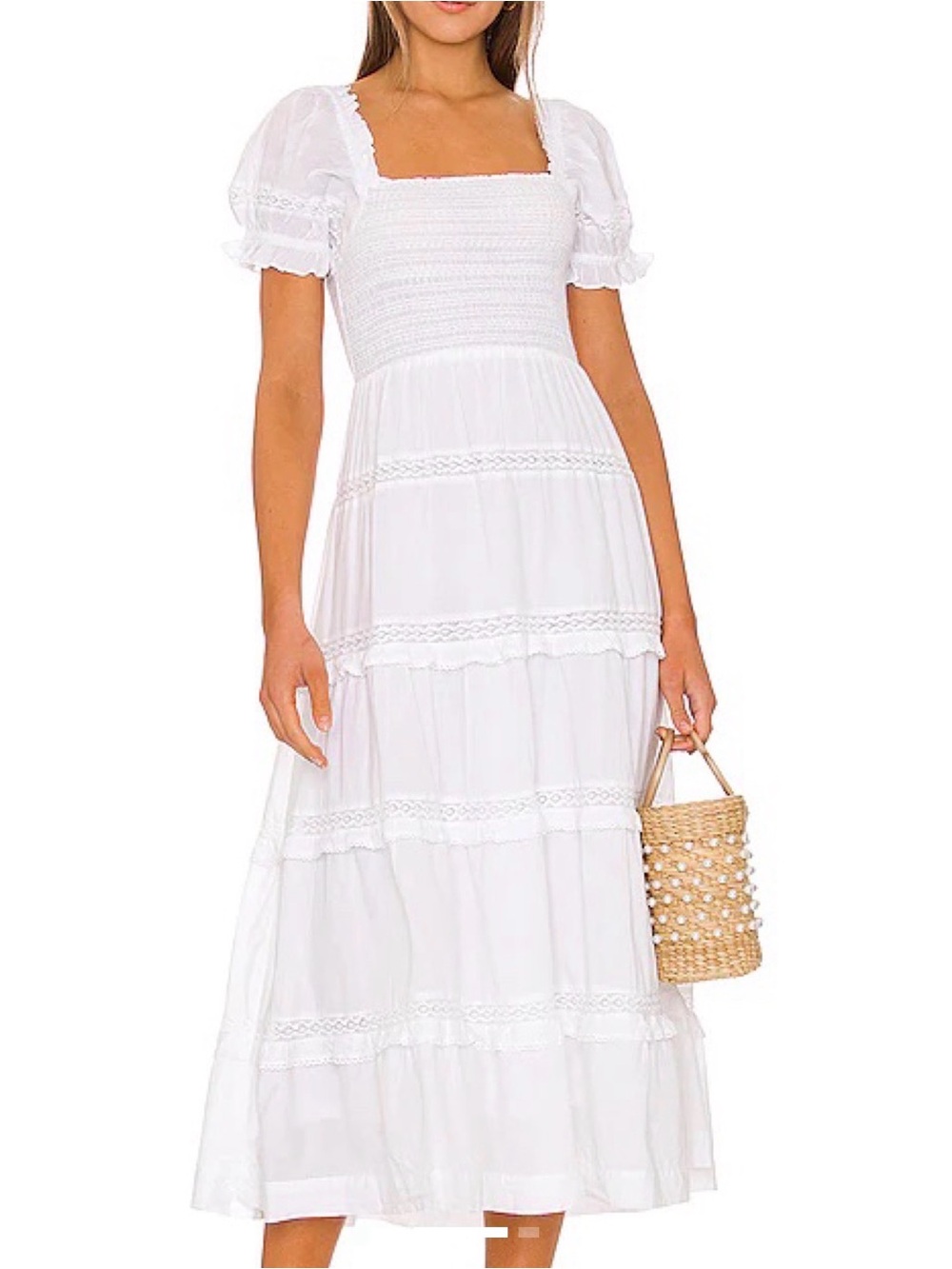 Astr White Smocked Tiered Maxi Dress with Puff Sleeves